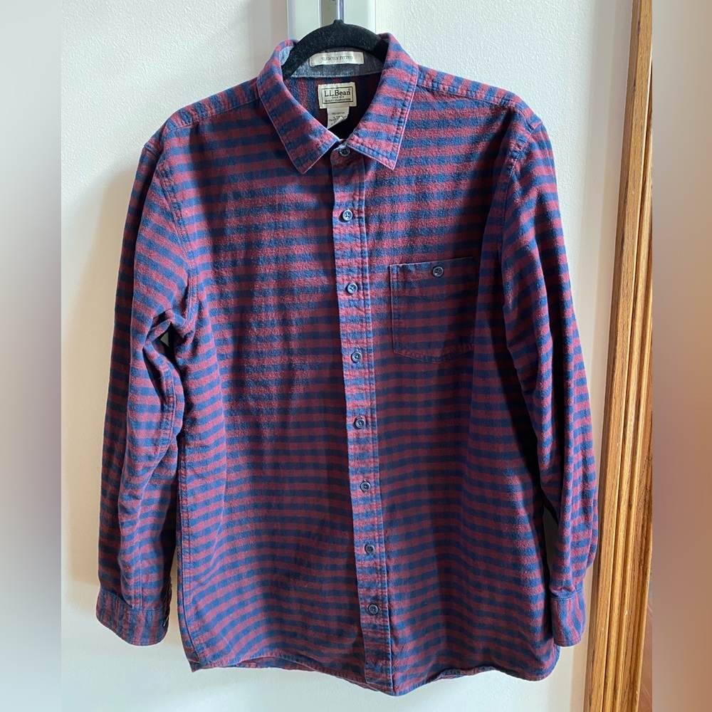 LL Bean Men’s Plaid Flannel Shirt Navy Blue Maroon Red Size Large Tall